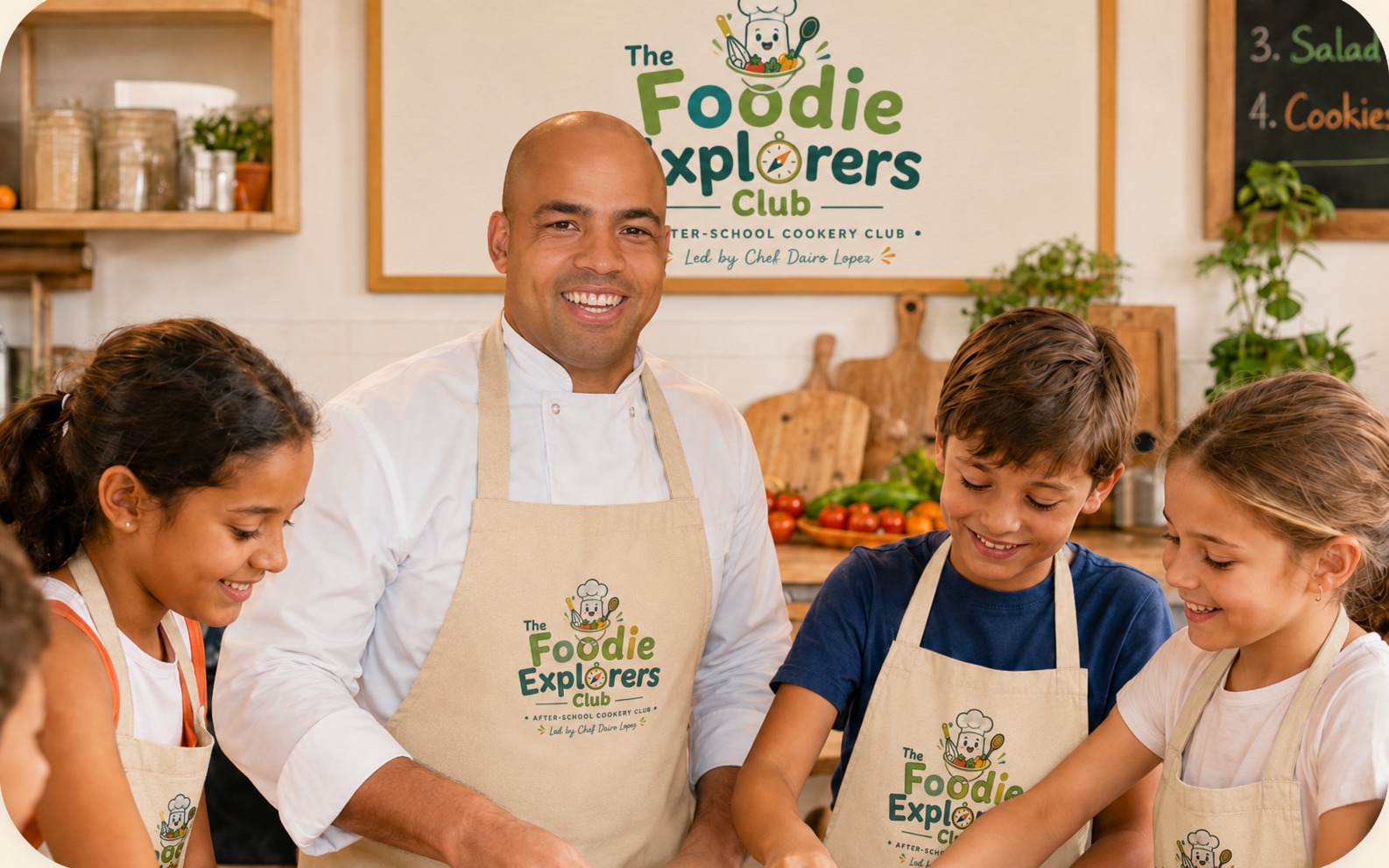 Chef Dairo Lopez cooking with Foodie Explorers Club children wearing the club's new branded aprons.