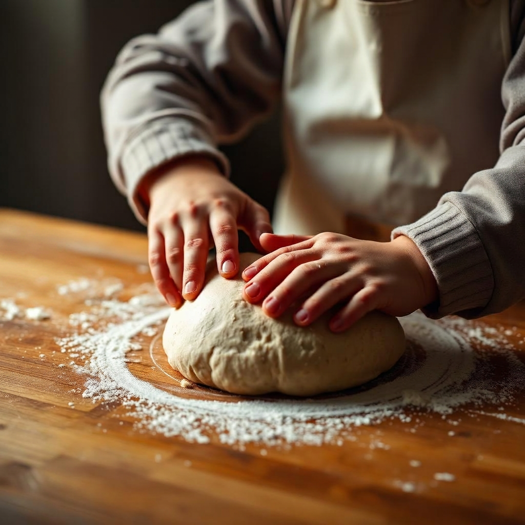 Close-up of a child's hands kneading fresh bread dough on a floured wooden counter.