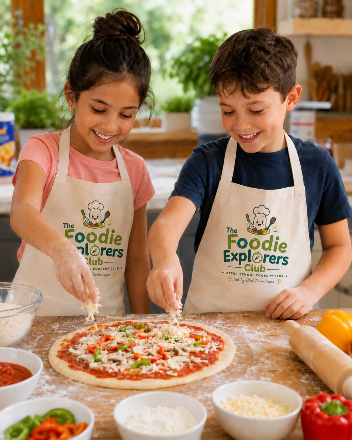 Two children wearing the new Foodie Explorers Club aprons making a fresh vegetable pizza together.