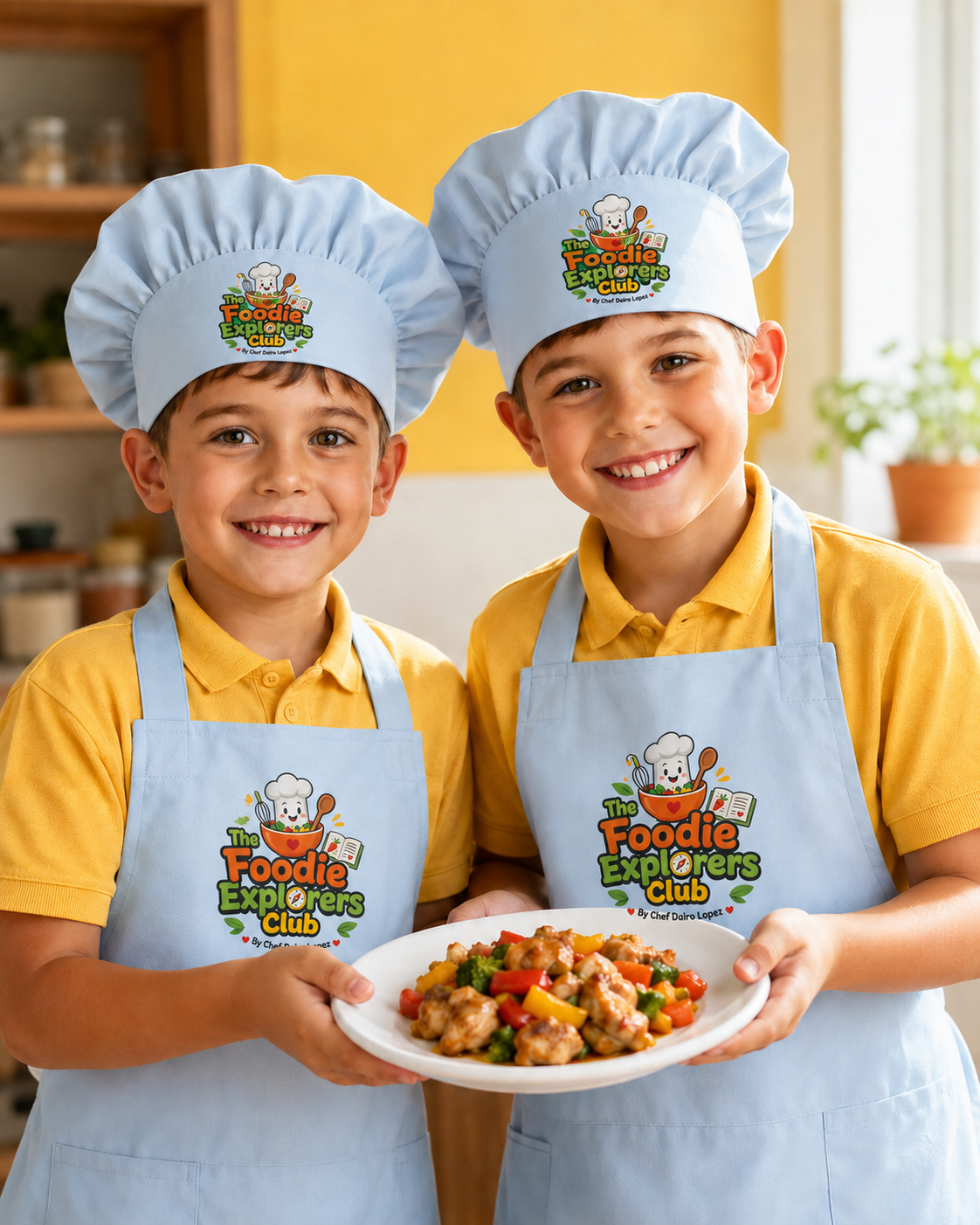 Two young The Foodie Explorers Club members in branded blue aprons and chef hats, proudly holding a plate of the chicken and vegetable dish they cooked.