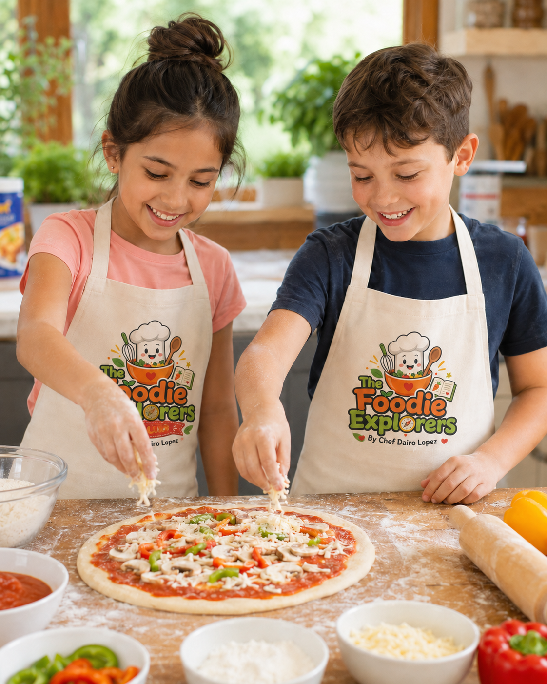 Two children wearing branded The Foodie Explorers Club aprons smiling as they scatter grated cheese over a homemade pizza base.